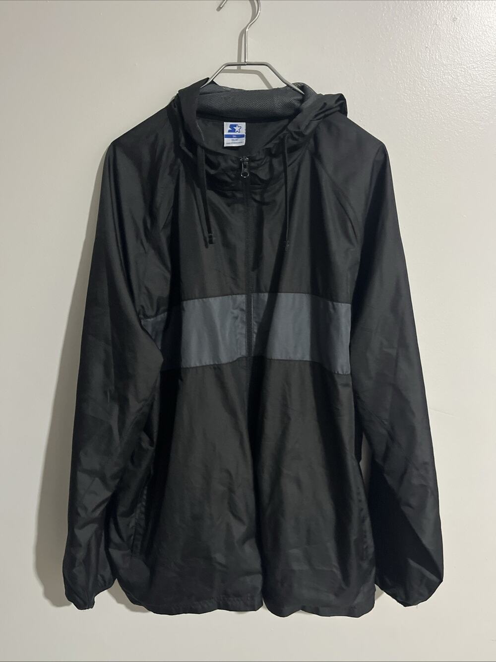 Vtg Starter Mens Rich Black Windbreaker Jacket 2XL Full Zip Hooded Athleisure
